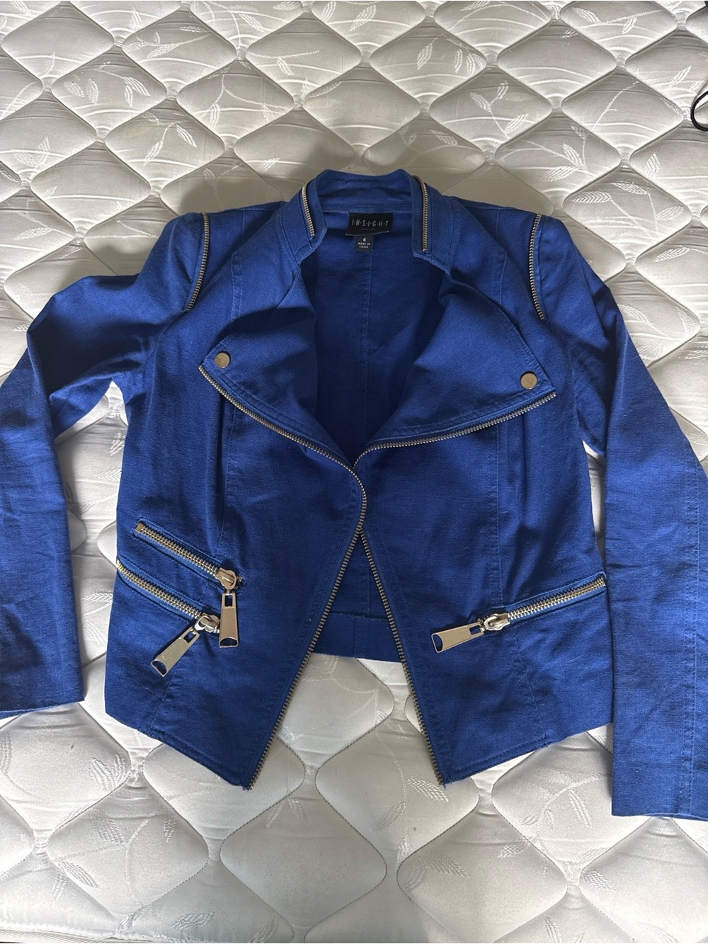 Insight New York Cotton/Linen Moto Jacket in imperial Blue w/Gold Tone Zippers.